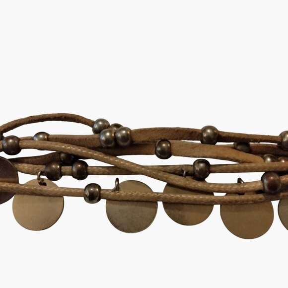 Plunder Multi Strand Leather Metal Disc Charm Bracelet - Picture 2 of 5